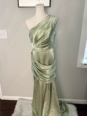 One-Shoulder Sage Green Satin Evening Gown